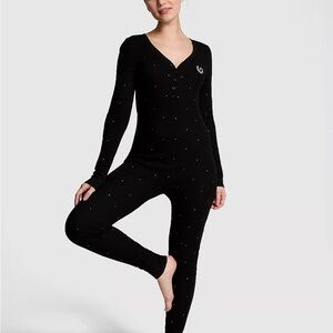 Victoria's Secret Pink Black Bling Sequin Thermal Jumpsuit Sleepwear Size XL